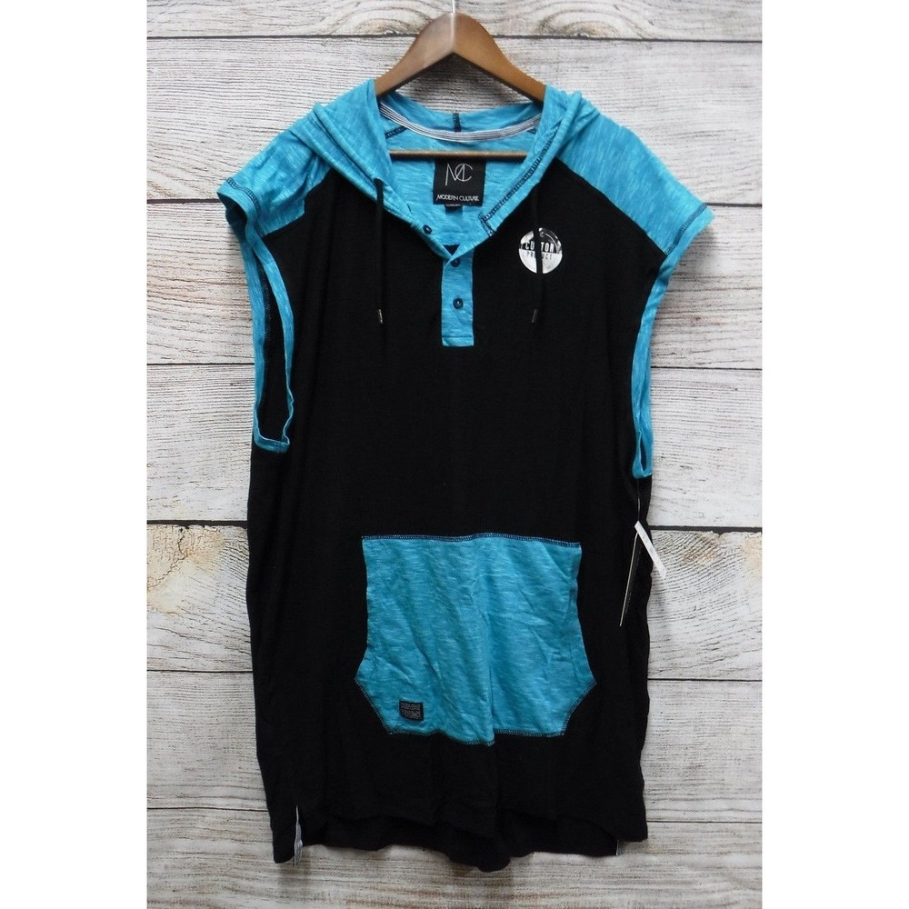 Modern Culture Shirt Mens Size 3XB Black & Teal‎ Slim Fit Hooded Tank Shirt New